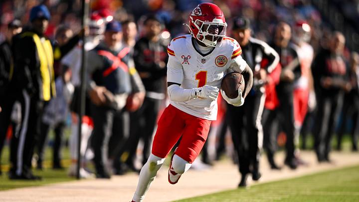 Dec 21, 2025; Nashville, Tennessee, USA;  Kansas City Chiefs wide receiver Xavier Worthy (1) runs with the ball after a made catch against the Tennessee Titans during the second half at Nissan Stadium. Mandatory Credit: Steve Roberts-Imagn Images