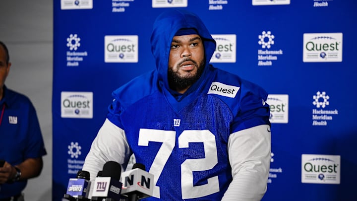Jun 18, 2025; East Rutherford, NJ, USA; New York Giants guard Jermaine Eluemunor (72) speaks at a press conference during minicamp at Quest Diagnostics Training Center. Jun 18, 2025; East Rutherford, NJ, USA; New York Giants guard Jermaine Eluemunor (72) speaks at a press conference during minicamp at Quest Diagnostics Training Center.