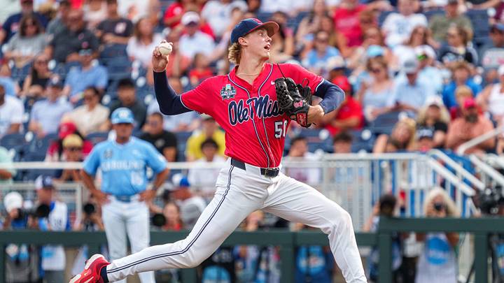 Jun 12, 2026; Omaha, NE, USA; Mississippi Rebels starting pitcher Taylor Rabe (50) pitches against the North Carolina Tar Heels during the first inning at Charles Schwab Field. Mandatory Credit: Dylan Widger-Imagn Images