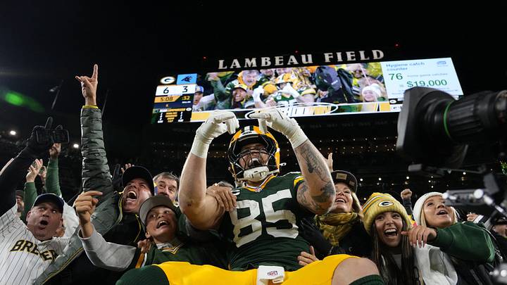 Tight end Tucker Kraft scored the Packers' first touchdown Thursday in their 27-19 win over the Panthers. Tight end Tucker Kraft scored the Packers' first touchdown Thursday in their 27-19 win over the Panthers.