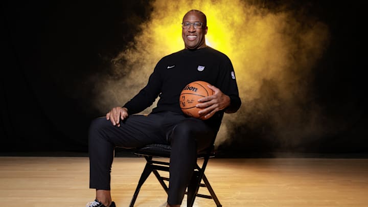 Sep 30, 2024; Sacramento, CA, USA; Sacramento Kings head coach Mike Brown during media day at Golden 1 Center. Mandatory Credit: Sergio Estrada-Imagn Images