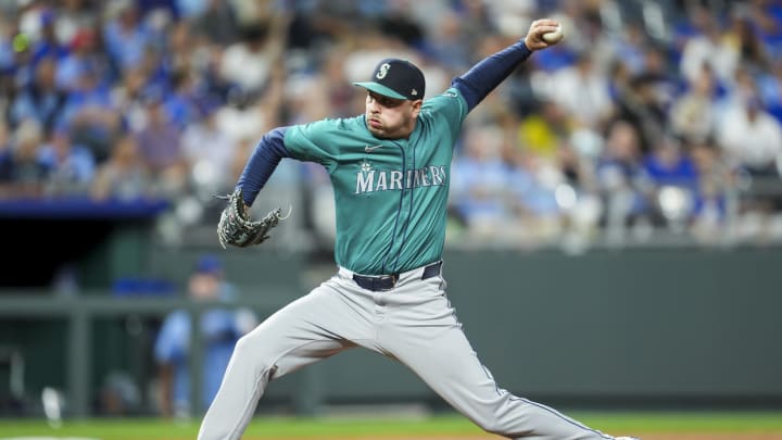 Seattle Mariners relief pitcher Tayler Saucedo (60) pitches during the sixth inning against the Kansas City Royals at Kauffman Stadium on June 7.