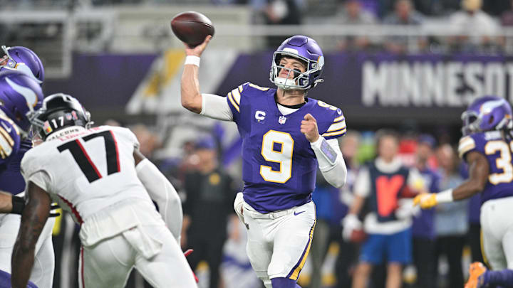 Sep 14, 2025; Minneapolis, Minnesota, USA; Minnesota Vikings quarterback J.J. McCarthy (9) throws a pass during the first half against the Atlanta Falcons at U.S. Bank Stadium. Mandatory Credit: Jeffrey Becker-Imagn Images