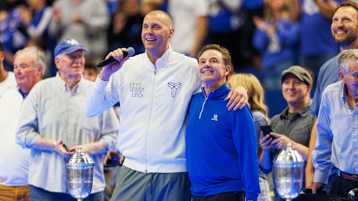 Oct 11, 2024; Lexington, KY, USA; Former Kentucky Wildcats head coach and current St. John's head coach Rick Pitino is introduced during Big Blue Madness at Rupp Arena at Central Bank Center. Mandatory Credit: Jordan Prather-Imagn Images