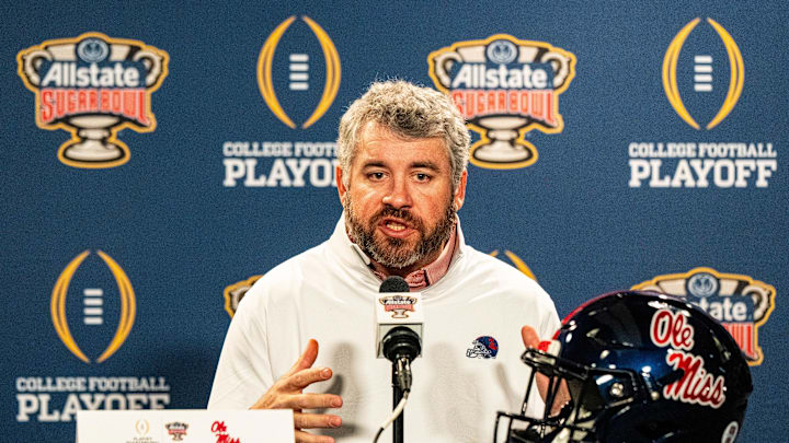 Ole Miss head coach Pete Golding takes questions from the press during the Sugar Bowl and College Football Playoff quarterfinals Media Day at Sheraton New Orleans Hotel in New Orleans, La., on Tuesday, Dec. 30, 2025. Players and coaches from Ole Miss and Georgia took questions from the press. Ole Miss head coach Pete Golding takes questions from the press during the Sugar Bowl and College Football Playoff quarterfinals Media Day at Sheraton New Orleans Hotel in New Orleans, La., on Tuesday, Dec. 30, 2025. Players and coaches from Ole Miss and Georgia took questions from the press.