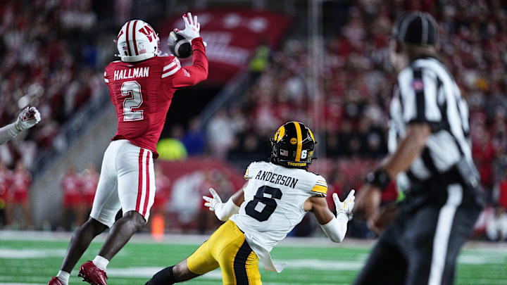 Oct 11, 2025; Madison, Wisconsin, USA; Wisconsin Badgers cornerback Ricardo Hallman (2) misses a pass in the first half against the Iowa Hawkeyes at Camp Randall Stadium. Mandatory Credit: Ross Harried-Imagn Images