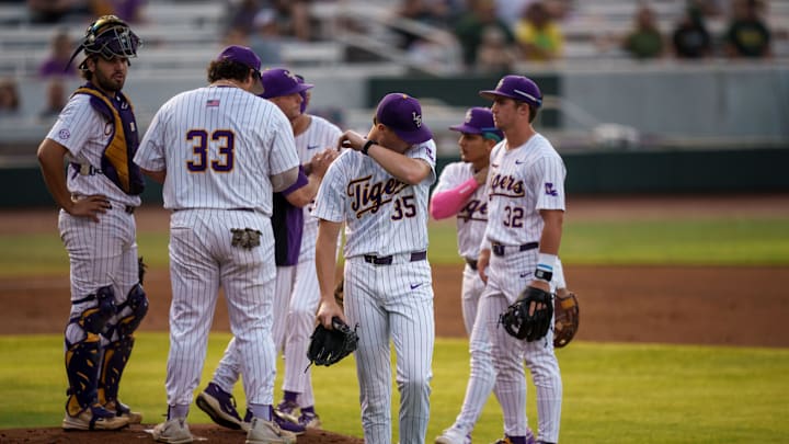 Apr 28, 2026; Baton Rouge, LA, USA; Louisiana State Tigers pitcher Reagan Ricken (35) reacts after he is relieved of the mound by head coach Jay Johnson against the Southeastern Louisiana Lions during the first inning at Alex Box Stadium. Mandatory Credit: Matthew Hinton-Imagn Images Apr 28, 2026; Baton Rouge, LA, USA; Louisiana State Tigers pitcher Reagan Ricken (35) reacts after he is relieved of the mound by head coach Jay Johnson against the Southeastern Louisiana Lions during the first inning at Alex Box Stadium. Mandatory Credit: Matthew Hinton-Imagn Images