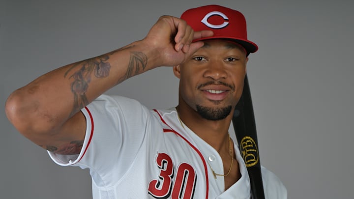 Feb 17, 2026; Goodyear, AZ, USA;  Cincinnati Reds left fielder Will Benson (30) during media day in Goodyear, Arizona. Mandatory Credit: Jayne Kamin-Oncea-Imagn Images