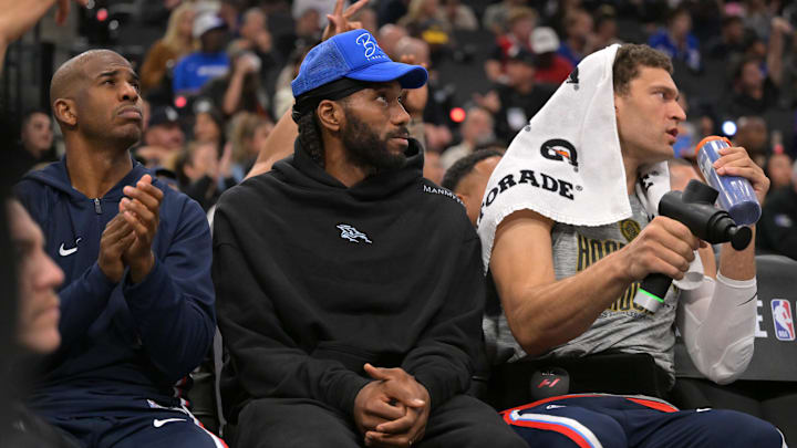 Chris Paul with Kawhi Leonard and Brook Lopez. During less happy times for Paul. Chris Paul with Kawhi Leonard and Brook Lopez. During less happy times for Paul.