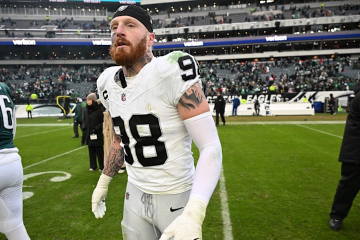Las Vegas Raiders defensive end Maxx Crosby on the field after a loss to the Philadelphia Eagles at Lincoln Financial Field.