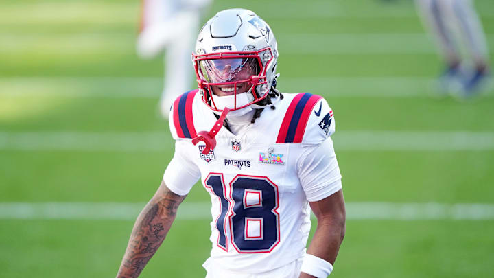 Feb 8, 2026; Santa Clara, CA, USA; New England Patriots wide receiver Kyle Williams (18) warms up before the game against the Seattle Seahawks in Super Bowl LX at Levi's Stadium. Mandatory Credit: Darren Yamashita-Imagn Images