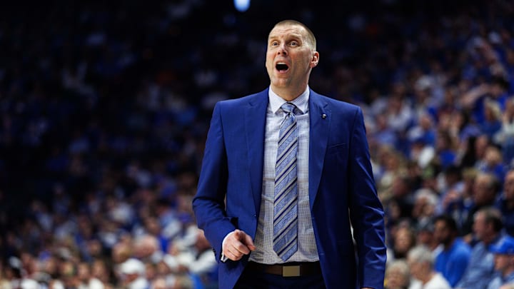 Mar 7, 2026; Lexington, Kentucky, USA; Kentucky Wildcats head coach Mark Pope talks to his players from the sideline during the first half against the Florida Gators at Rupp Arena at Central Bank Center. Mandatory Credit: Jordan Prather-Imagn Images