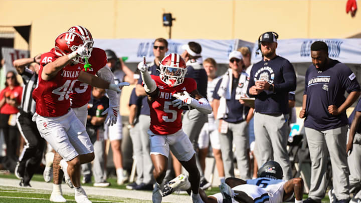 Aug 30, 2025; Bloomington, Indiana, USA; Indiana Hoosiers defensive back D'Angelo Ponds (5) celebrates after an interception during the second half against the Old Dominion Monarchs at Memorial Stadium. Mandatory Credit: Robert Goddin-Imagn Images