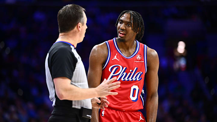 Dec 22, 2023; Philadelphia, Pennsylvania, USA; Philadelphia 76ers guard Tyrese Maxey (0) reacts