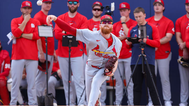 Feb 14, 2026; Jupiter, FL, USA; St. Louis Cardinals starting pitcher Dustin May (3) pitches during spring training at Roger Dean Chevrolet Stadium. Mandatory Credit: Sam Navarro-Imagn Images