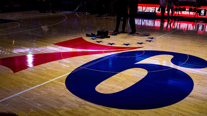 May 11, 2023; Philadelphia, Pennsylvania, USA; General view of center court with the Philadelphia 76ers logo before game six of the 2023 NBA playoffs against the Boston Celtics at Wells Fargo Center. Mandatory Credit: Bill Streicher-Imagn Images