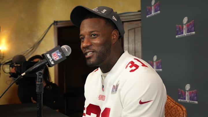 Feb 6, 2024; Las Vegas, NV, USA; San Francisco 49ers safety Tashaun Gipson Sr. (31) during a press conference before Super Bowl LVIII at the Hilton Lake Las Vegas Resort. Mandatory Credit: Kirby Lee-USA TODAY Sports