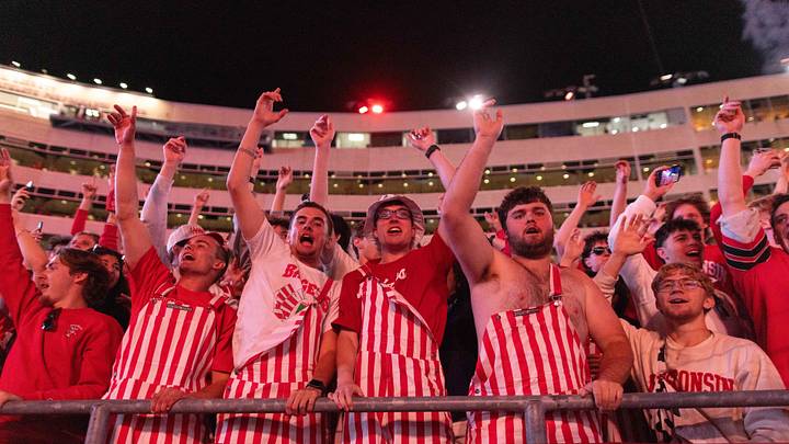 Oct 24, 2026; Madison, Wisconsin, USA;  Wisconsin Badgers fans in the student section participate in the traditional "Jump Around."  Mandatory Credit: Anthony Wahl-Imagn Images