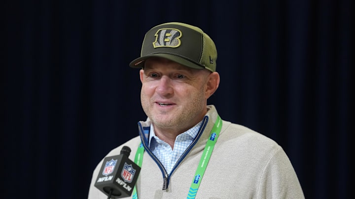 Feb 24, 2026; Indianapolis, IN, USA; Cincinnati Bengals general manager Duke Tobin speaks at the NFL Scouting Combine at the Indiana Convention Center. Mandatory Credit: Kirby Lee-Imagn Images