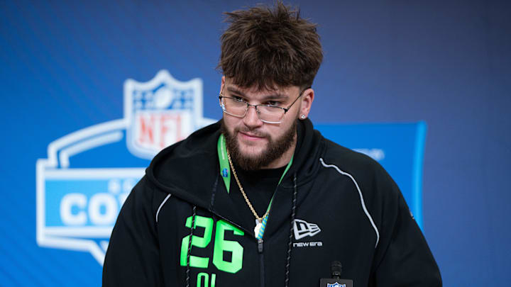 Feb 28, 2026; Indianapolis, IN, USA; Oregon offensive lineman Alex Harkey (OL26) speaks to members of the media during the NFL Combine at the Indiana Convention Center. Mandatory Credit: Jacob Musselman-Imagn Images