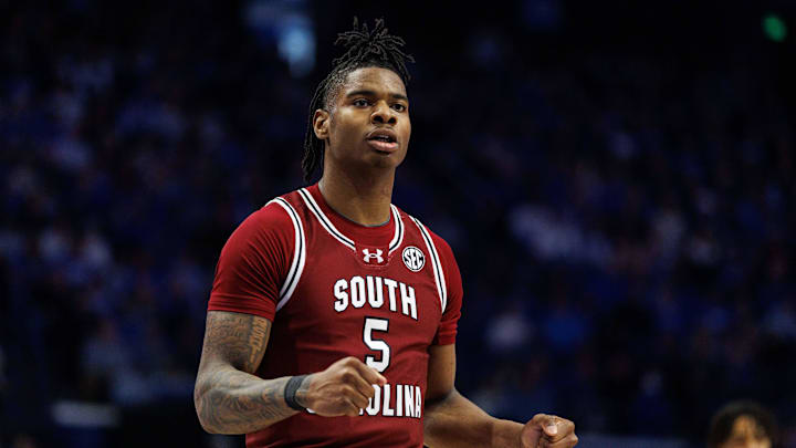 Feb 8, 2025; Lexington, Kentucky, USA; South Carolina Gamecocks forward Nick Pringle (5) reacts to the action during the first half against the Kentucky Wildcats at Rupp Arena at Central Bank Center. Mandatory Credit: Jordan Prather-Imagn Images