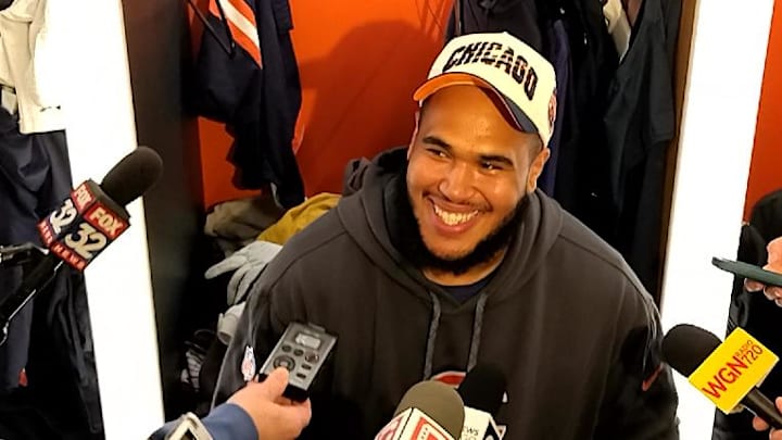 Larry Borom says Thursday at Halas Hall he feels set to return from injured reserve. Larry Borom says Thursday at Halas Hall he feels set to return from injured reserve.