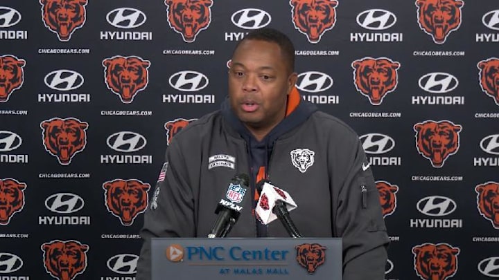 Bears interim offensive coordinator Chris Beatty responds to media questions at Halas Hall Thursday. Bears interim offensive coordinator Chris Beatty responds to media questions at Halas Hall Thursday.