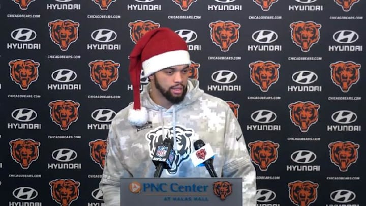 Caleb Williams dons a Santa hat and addresses media at Halas Hall Monday as the Bears set out on a short work week.