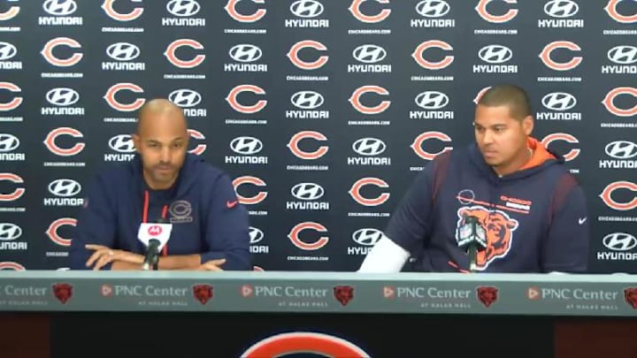 Ian Cunningham (left) and GM Ryan Poles address the media during Bears OTAs.
