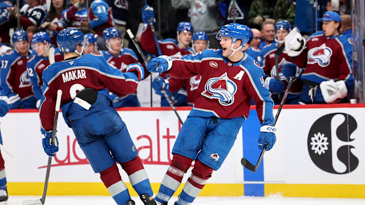 Mikko Rantanen and Cale Makar celebrate during a game against the Los Angeles Kings on Wednesday.