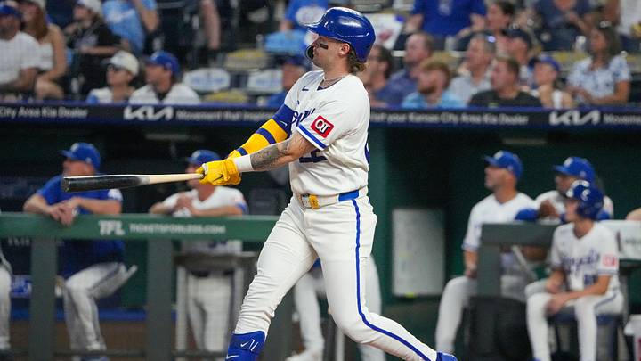 Sep 2, 2026; Kansas City, Missouri, USA; Kansas City Royals catcher Carter Jensen (22) hits a solo home run against the Miami Marlins during the fourth inning at Kauffman Stadium. Mandatory Credit: Denny Medley-Imagn Images