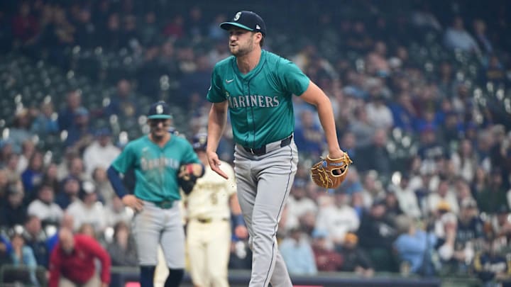 Apr 7, 2024; Milwaukee, Wisconsin, USA; Seattle Mariners pitcher Collin Snider (52) reacts after