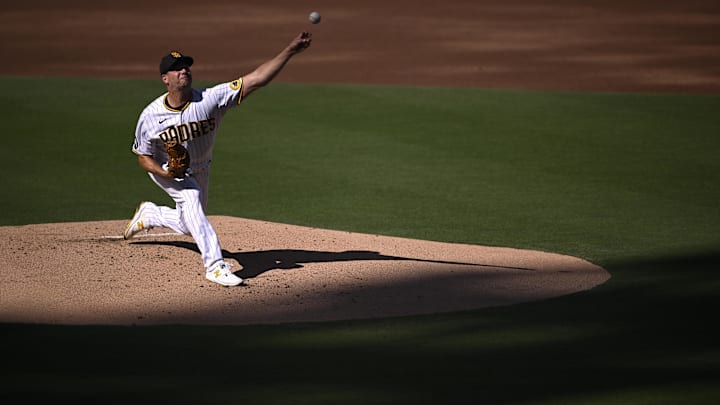 San Diego Padres starting pitcher Rich Hill (41) throws a pitch against the Philadelphia Phillies during the first inning at Petco Park. San Diego Padres starting pitcher Rich Hill (41) throws a pitch against the Philadelphia Phillies during the first inning at Petco Park.