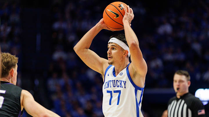 Oct 29, 2024; Lexington, KY, USA; Kentucky Wildcats guard Kerr Kriisa (77) looks to pass the ball during the second half against the Minnesota State Mavericks at Rupp Arena. Mandatory Credit: Jordan Prather-Imagn Images
