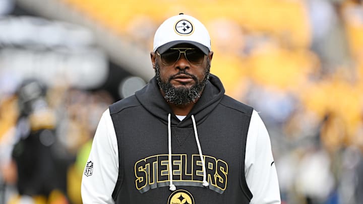 Nov 2, 2025; Pittsburgh, Pennsylvania, USA; Pittsburgh Steelers head coach Mike Tomlin looks on during warmups before the game against the Indianapolis Colts at Acrisure Stadium. Mandatory Credit: Barry Reeger-Imagn Images