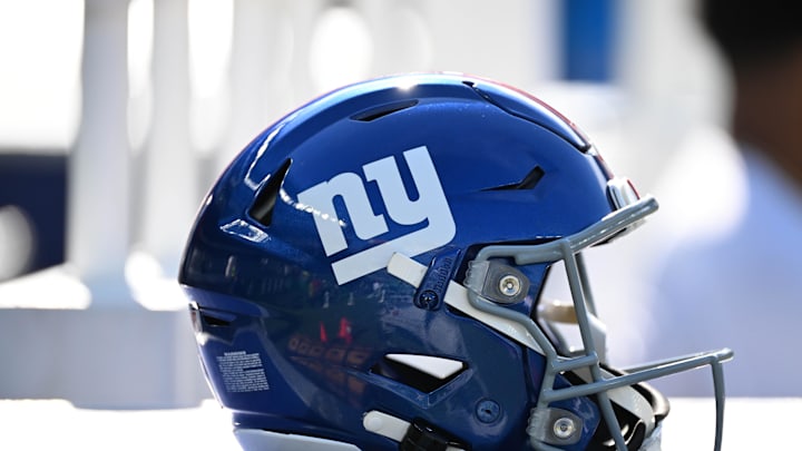 Oct 26, 2025; Philadelphia, Pennsylvania, USA; New York Giants helmet on the sidelines against the Philadelphia Eagles at Lincoln Financial Field.