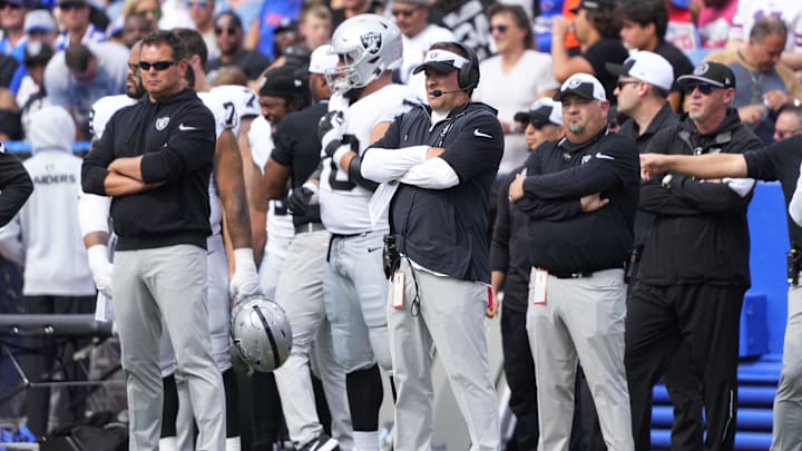 Sep 17, 2023; Orchard Park, New York, USA; Las Vegas Raiders head coach Josh McDaniels looks on from