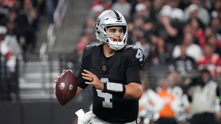 Nov 26, 2023; Paradise, Nevada, USA; Las Vegas Raiders quarterback Aidan O'Connell (4) throws the Nov 26, 2023; Paradise, Nevada, USA; Las Vegas Raiders quarterback Aidan O'Connell (4) throws the