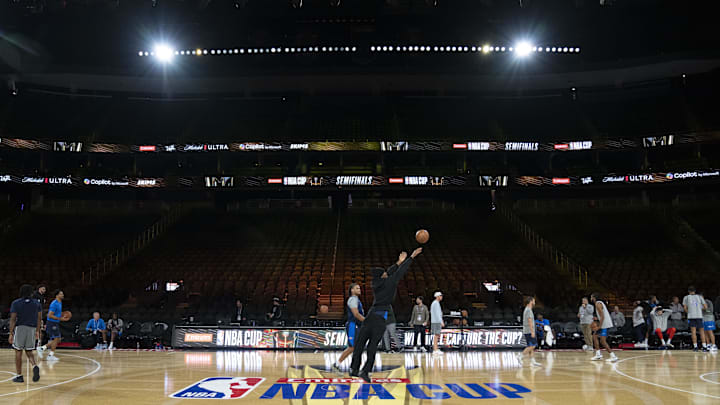 Oklahoma City Thunder guard Shai Gilgeous-Alexander shoots a half court shot during practice prior to the Emirates NBA Cup semi-finals at T-Mobile Arena on December 13, 2024. 