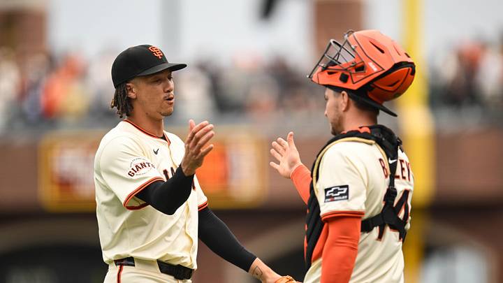 Sep 28, 2025; San Francisco, California, USA;  San Francisco Giants pitcher Spencer Bivens (76) celebrates with catcher Patrick Bailey (14) after the game against the Colorado Rockies at Oracle Park. Mandatory Credit: Eakin Howard-Imagn Images