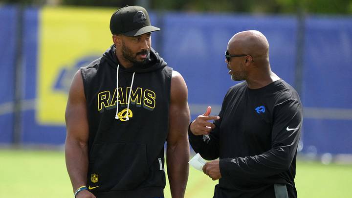 Aug 11, 2026; Woodland Hills, CA, USA; Los Angeles Rams defensive end Myles Garrett (left) talks with vice president of sports medicine and performance Reggie Scott during a joint practice against the Dallas Cowboys at the Rams Practice Facility. Mandatory Credit: Kirby Lee-Imagn Images Aug 11, 2026; Woodland Hills, CA, USA; Los Angeles Rams defensive end Myles Garrett (left) talks with vice president of sports medicine and performance Reggie Scott during a joint practice against the Dallas Cowboys at the Rams Practice Facility. Mandatory Credit: Kirby Lee-Imagn Images