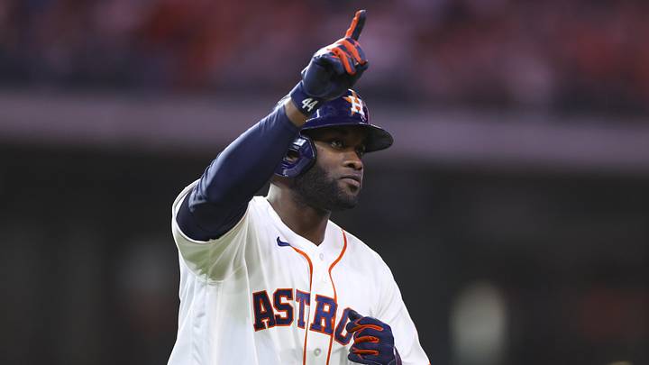 Houston Astros designated hitter Yordan Alvarez reacts after hitting a home run.