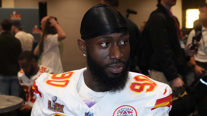 Feb 5, 2025; New Orleans, LA, USA; Kansas City Chiefs defensive end Charles Omenihu (90) in a press conference ahead of Super Bowl LIX at New Orleans Marriott. Mandatory Credit: Kirby Lee-Imagn Images
