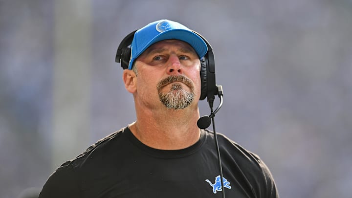 Detroit Lions head coach Dan Campbell looks on during the first quarter against the Minnesota Vikings at U.S. Bank Stadium on October 20, 2024. 
