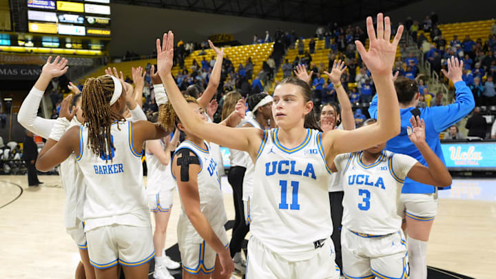Jan 15, 2025; Long Beach, California, USA; UCLA Bruins guard Gabriela Jaquez (11) waves to the crowd after a game against the Penn State Nittany Lions at the Walter Pyramid at Long Beach State. Mandatory Credit: Kirby Lee-Imagn Images