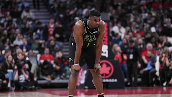 Mar 5, 2024; Toronto, Ontario, CAN; New Orleans Pelicans forward Zion Williamson (1) waits for the play to begin against the Toronto Raptors during the third quarter at Scotiabank Arena. Mandatory Credit: Nick Turchiaro-Imagn Images