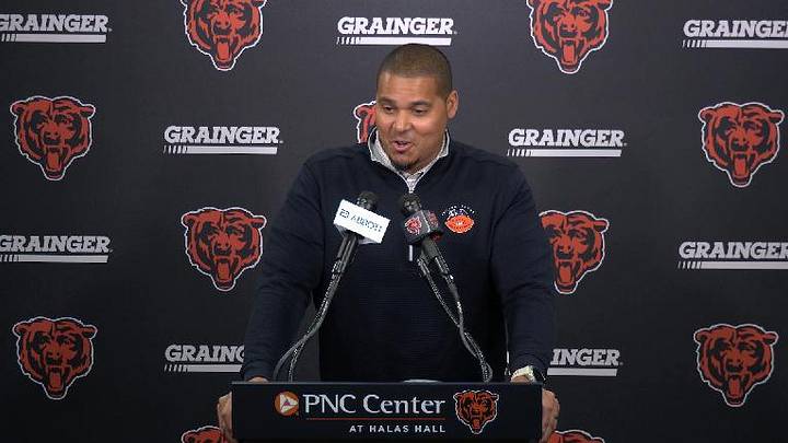Bears GM Ryan Poles is all smiles after making the trade for defensive tackle Jeffery Simmons. Bears GM Ryan Poles is all smiles after making the trade for defensive tackle Jeffery Simmons.
