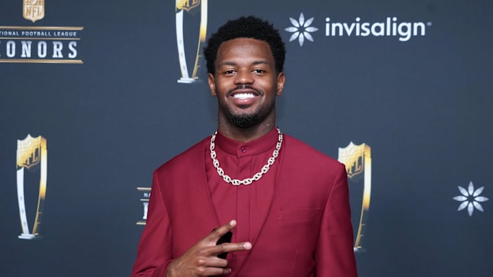 Feb 5, 2026; San Francisco, CA, USA; Tyquan Thornton on the NFL Honors Red Carpet before Super Bowl LX at Palace of Fine Arts. Mandatory Credit: Kirby Lee-Imagn Images