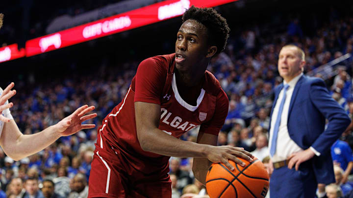 Dec 11, 2024; Lexington, Kentucky, USA; Colgate Raiders guard Jalen Cox (3) looks to pass the ball during the first half against the Kentucky Wildcats at Rupp Arena at Central Bank Center. Mandatory Credit: Jordan Prather-Imagn Images Dec 11, 2024; Lexington, Kentucky, USA; Colgate Raiders guard Jalen Cox (3) looks to pass the ball during the first half against the Kentucky Wildcats at Rupp Arena at Central Bank Center. Mandatory Credit: Jordan Prather-Imagn Images