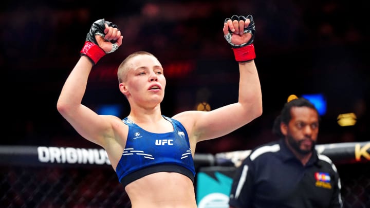 Jul 13, 2024; Denver, Colorado, USA; Rose Namajunas celebrates after defeating Tracy Cortez during UFC Fight Night at Ball Arena. Credit: Ron Chenoy-USA TODAY Sports Jul 13, 2024; Denver, Colorado, USA; Rose Namajunas celebrates after defeating Tracy Cortez during UFC Fight Night at Ball Arena. Credit: Ron Chenoy-USA TODAY Sports